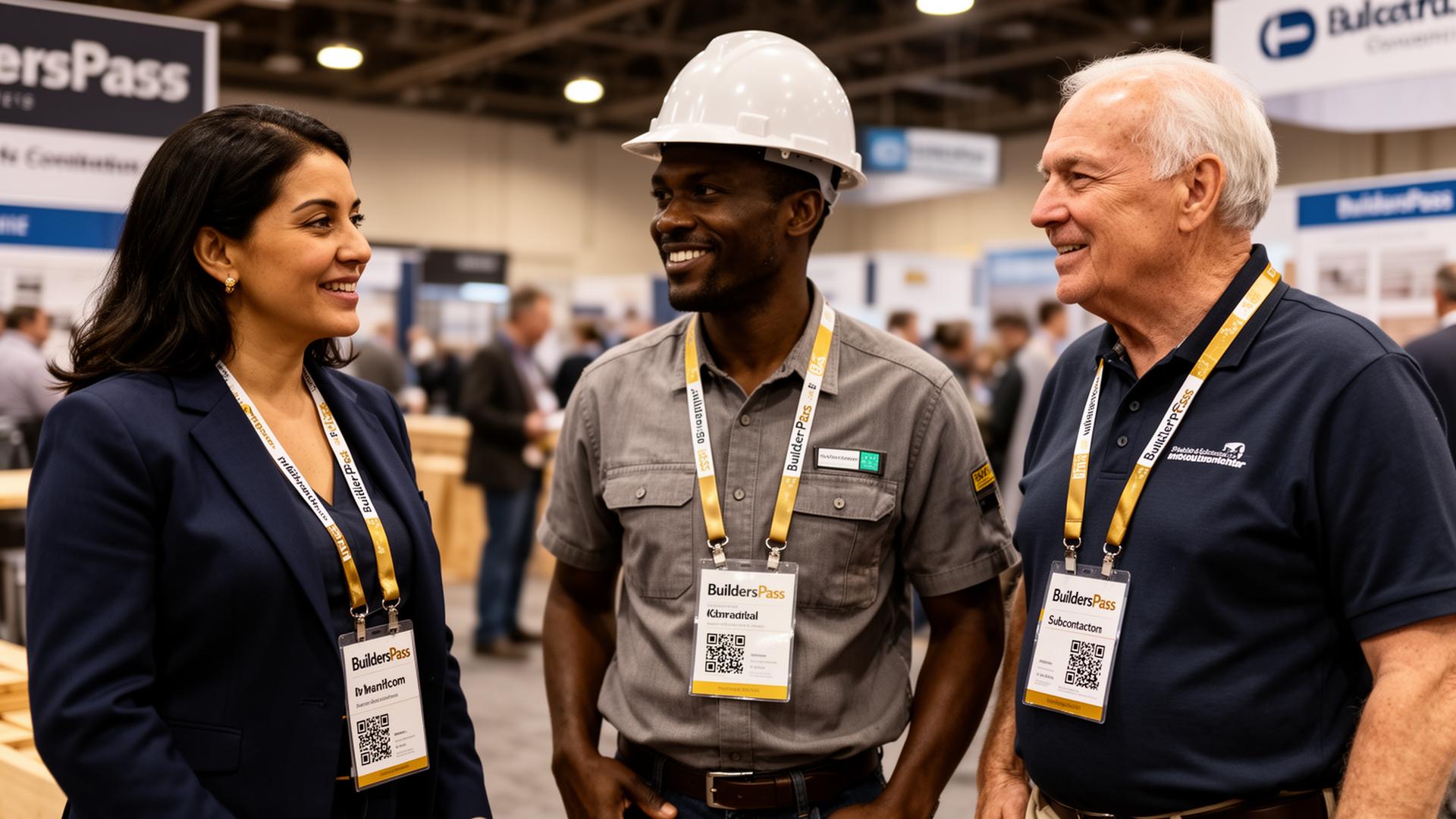 BuildersPass members wearing printed lanyard badges at an industry trade show