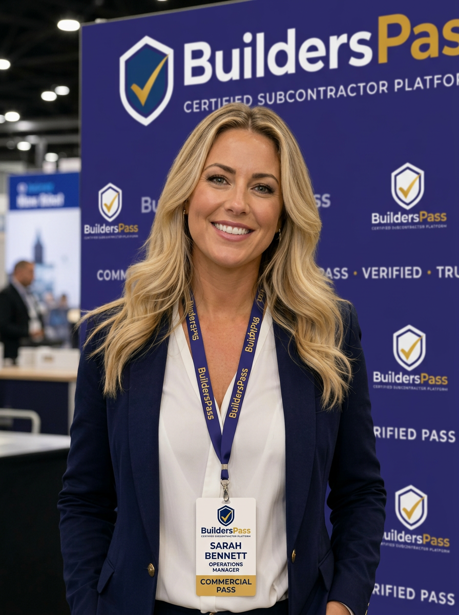 Woman subcontractor wearing a BuildersPass lanyard badge at a trade show
