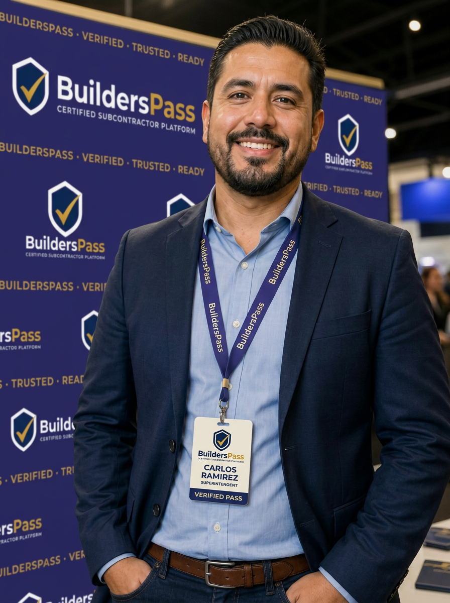 Latino subcontractor wearing a BuildersPass lanyard badge at a trade show